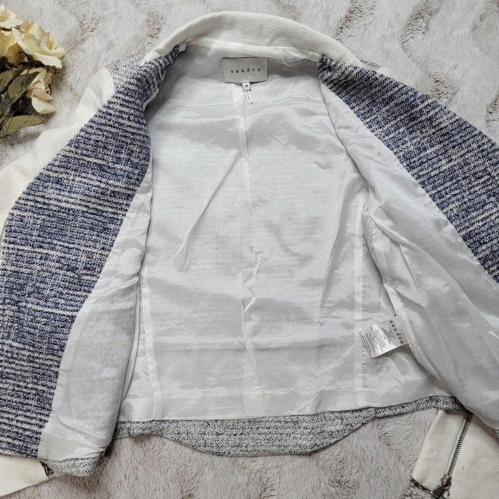 Sandro Paris‎ Vernis Tweed Moto Jacket Blue White Gray Size 38 - Picture 9 of 14